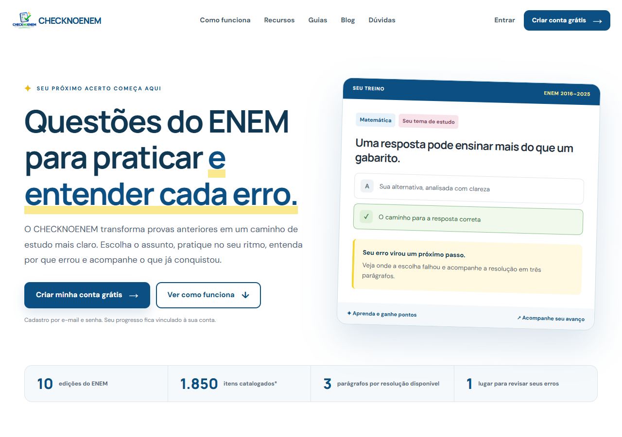 Página inicial da plataforma Check no Enem